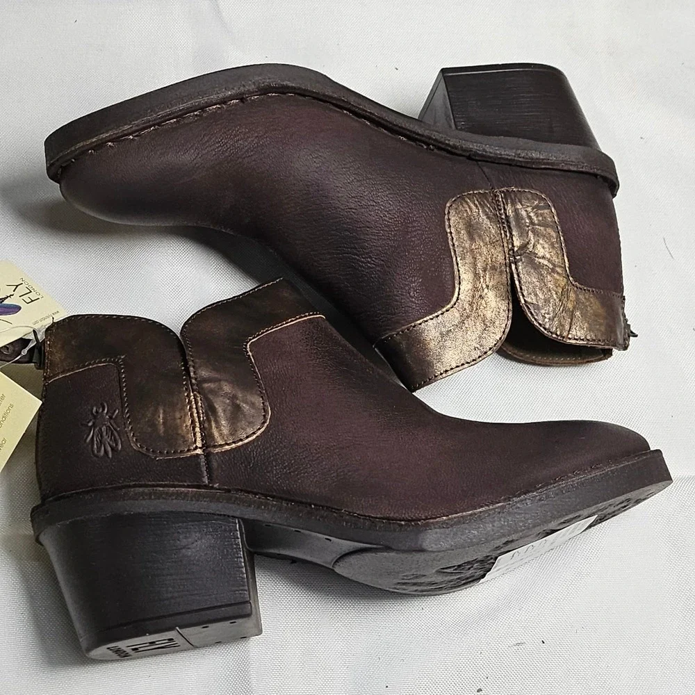 FLY LONDON Cupi/Bard Leather Ankle Boots‎ Bronze Detail Block Heel Zip Size 35